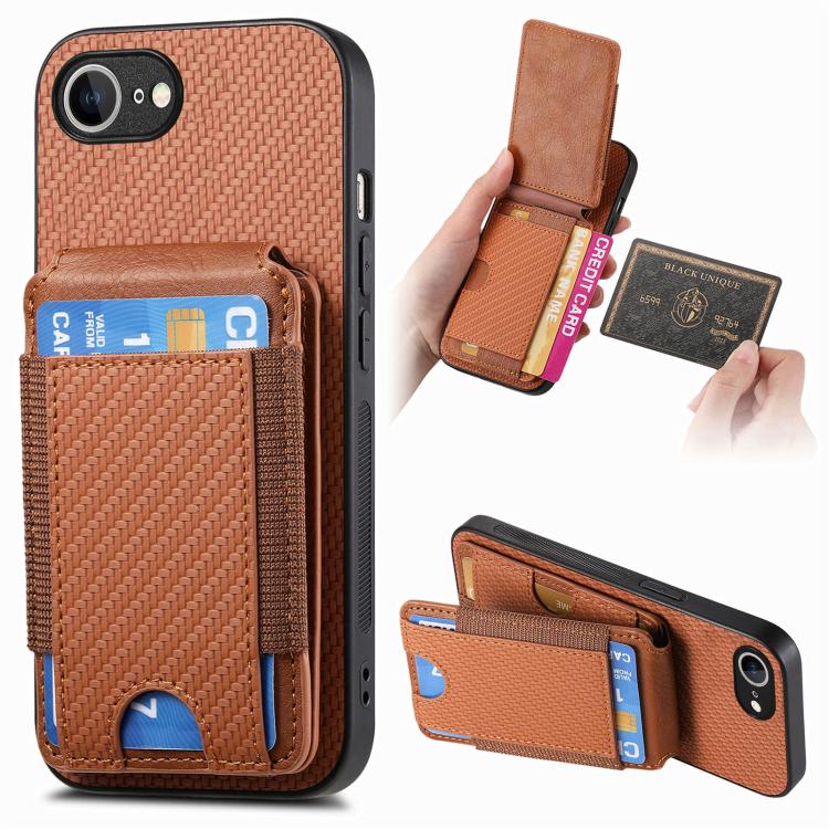 For iPhone 16e Carbon Fiber Vertical Flip Wallet Stand Phone Case(Brown) - iPhone 16e Cases by buy2fix | Online Shopping UK | buy2fix