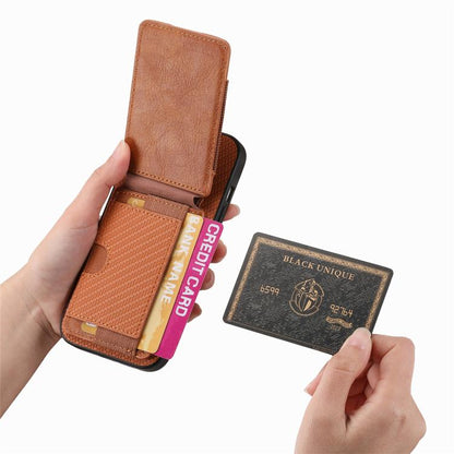For iPhone 16e Carbon Fiber Vertical Flip Wallet Stand Phone Case(Brown) - iPhone 16e Cases by buy2fix | Online Shopping UK | buy2fix