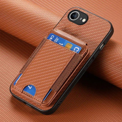 For iPhone 16e Carbon Fiber Vertical Flip Wallet Stand Phone Case(Brown) - iPhone 16e Cases by buy2fix | Online Shopping UK | buy2fix