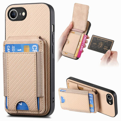 For iPhone 16e Carbon Fiber Vertical Flip Wallet Stand Phone Case(Khaki) - iPhone 16e Cases by buy2fix | Online Shopping UK | buy2fix