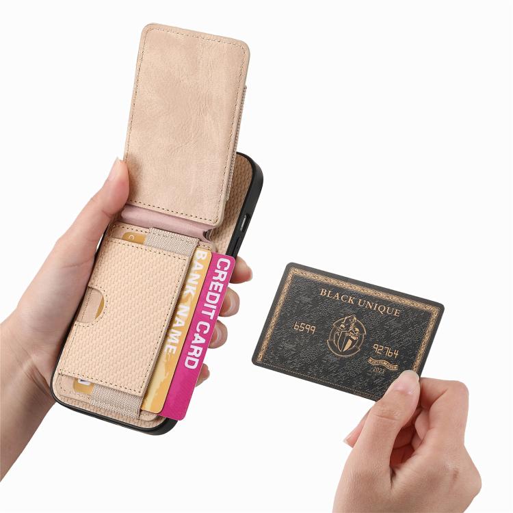 For iPhone 16e Carbon Fiber Vertical Flip Wallet Stand Phone Case(Khaki) - iPhone 16e Cases by buy2fix | Online Shopping UK | buy2fix