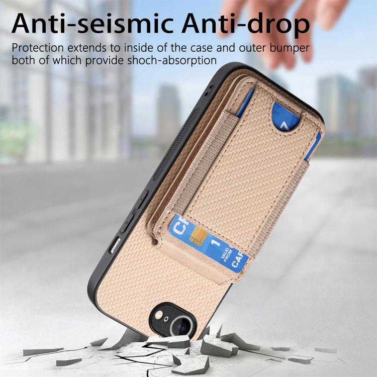 For iPhone 16e Carbon Fiber Vertical Flip Wallet Stand Phone Case(Khaki) - iPhone 16e Cases by buy2fix | Online Shopping UK | buy2fix