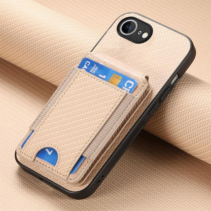 For iPhone 16e Carbon Fiber Vertical Flip Wallet Stand Phone Case(Khaki) - iPhone 16e Cases by buy2fix | Online Shopping UK | buy2fix