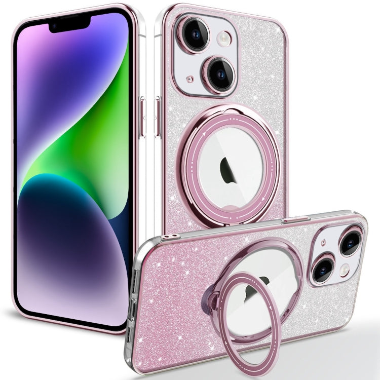 For iPhone 14 Plus Rotation MagSafe Holder Gradient Glitter TPU Phone Case(Pink) by buy2fix