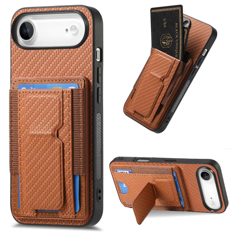 For iPhone Air Carbon Fiber Fold Stand Elastic Card Bag Phone Case(Brown) - iPhone Air Cases by buy2fix | Online Shopping UK | buy2fix