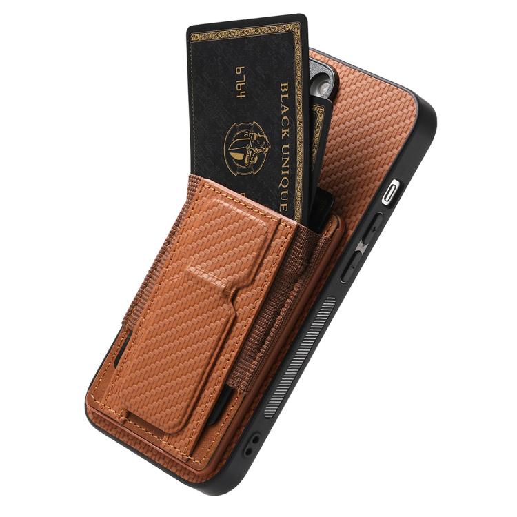 For iPhone Air Carbon Fiber Fold Stand Elastic Card Bag Phone Case(Brown) - iPhone Air Cases by buy2fix | Online Shopping UK | buy2fix