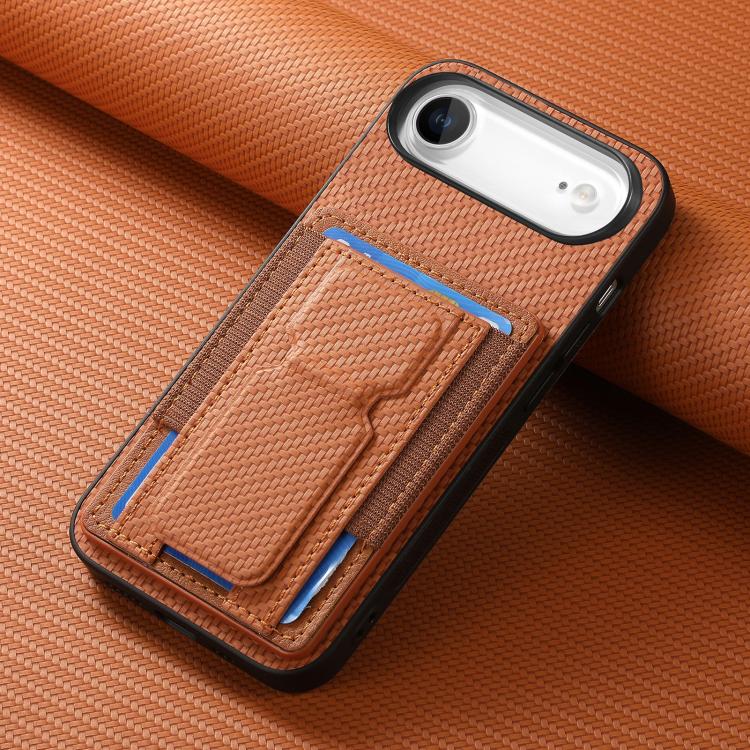 For iPhone Air Carbon Fiber Fold Stand Elastic Card Bag Phone Case(Brown) - iPhone Air Cases by buy2fix | Online Shopping UK | buy2fix