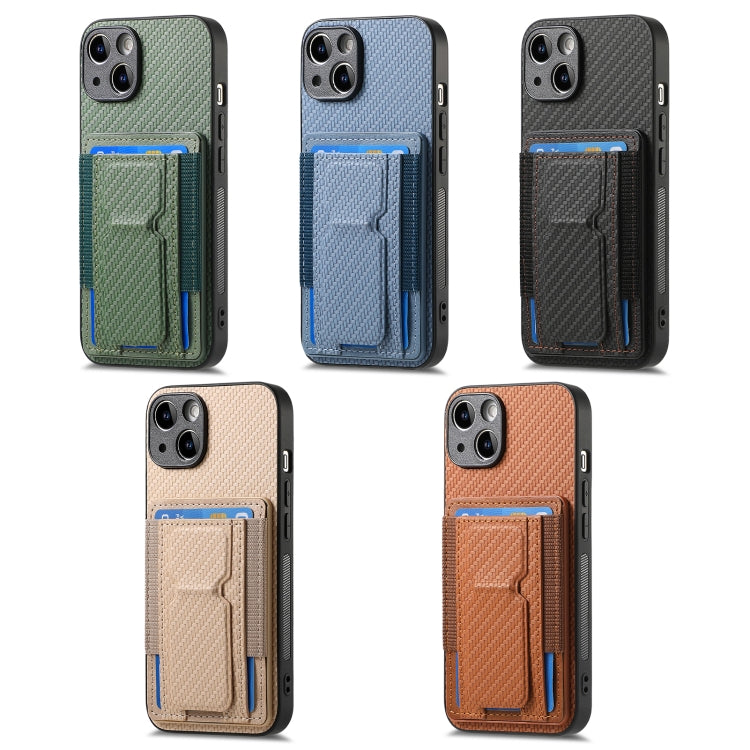 For iPhone Air Carbon Fiber Fold Stand Elastic Card Bag Phone Case(Khaki) - iPhone Air Cases by buy2fix | Online Shopping UK | buy2fix