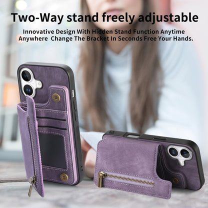 For iPhone 16 Retro Leather Zipper Wallet Back Phone Case(Purple) - More iPhone Cases by buy2fix | Online Shopping UK | buy2fix