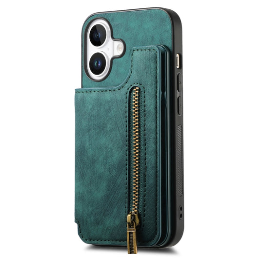 For iPhone 16 Retro Leather Zipper Wallet Back Phone Case(Green) by buy2fix