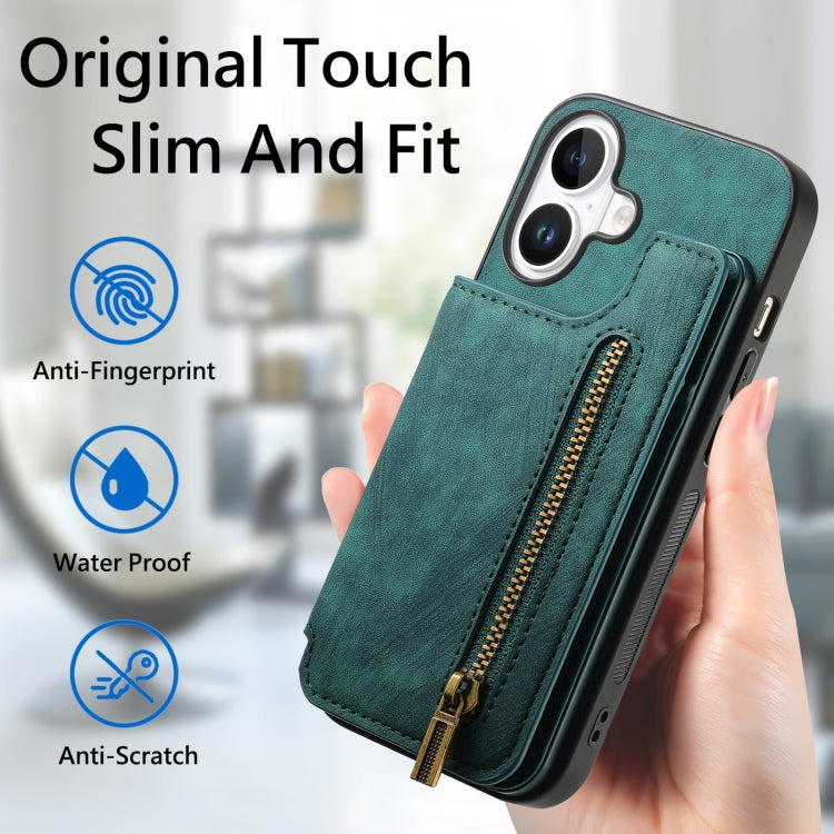 For iPhone 16 Retro Leather Zipper Wallet Back Phone Case(Green) - More iPhone Cases by buy2fix | Online Shopping UK | buy2fix