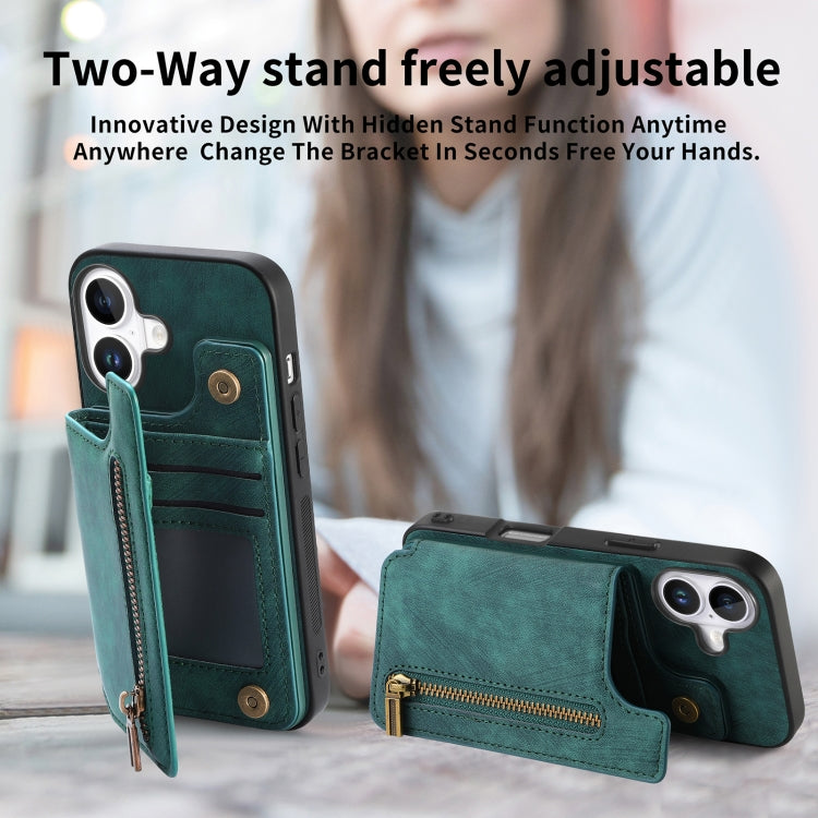 For iPhone 16 Retro Leather Zipper Wallet Back Phone Case(Green) - More iPhone Cases by buy2fix | Online Shopping UK | buy2fix