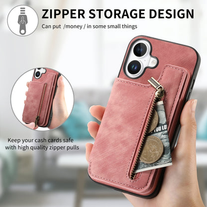 For iPhone 16 Plus Retro Leather Zipper Wallet Back Phone Case(Pink) - More iPhone Cases by buy2fix | Online Shopping UK | buy2fix