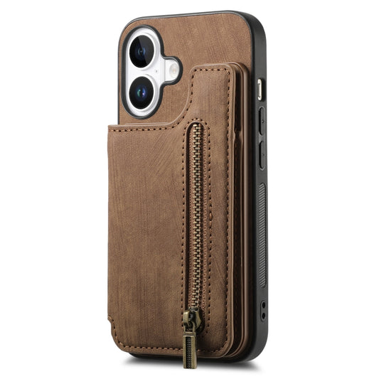 For iPhone 16 Plus Retro Leather Zipper Wallet Back Phone Case(Brown) by buy2fix