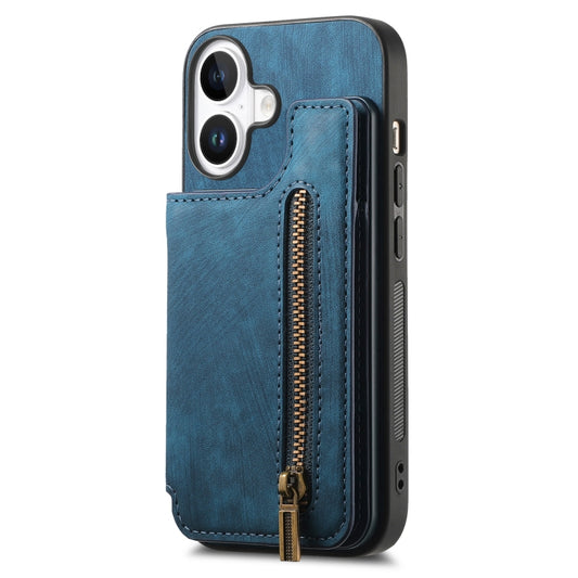 For iPhone 16 Plus Retro Leather Zipper Wallet Back Phone Case(Blue) by buy2fix