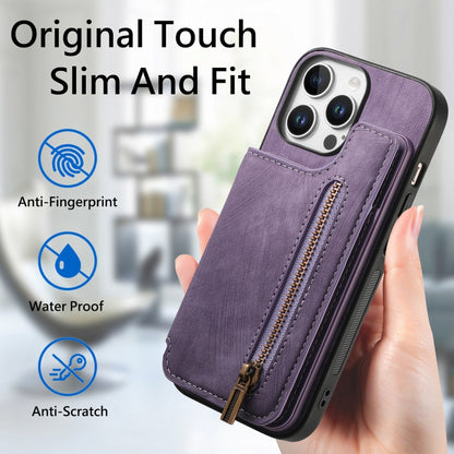 For iPhone 16 Pro Retro Leather Zipper Wallet Back Phone Case(Purple) - More iPhone Cases by buy2fix | Online Shopping UK | buy2fix