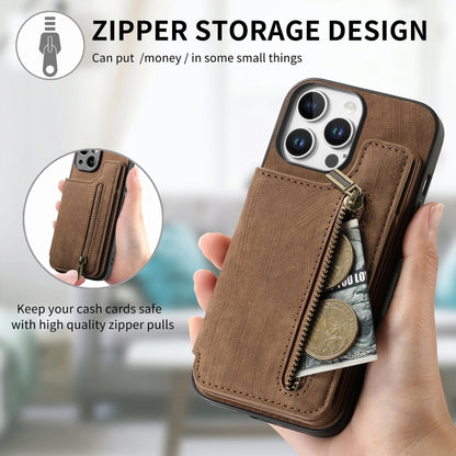 For iPhone 16 Pro Retro Leather Zipper Wallet Back Phone Case(Brown) - More iPhone Cases by buy2fix | Online Shopping UK | buy2fix