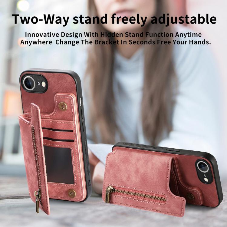 For iPhone 16e Retro Leather Zipper Wallet Back Phone Case(Pink) - iPhone 16e Cases by buy2fix | Online Shopping UK | buy2fix