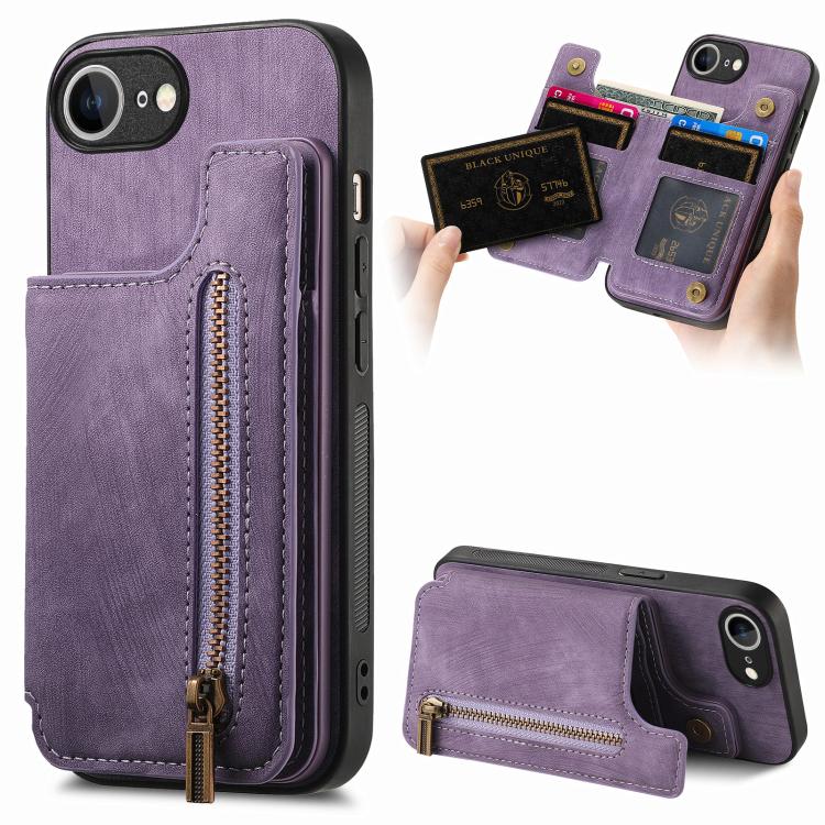 For iPhone 16e Retro Leather Zipper Wallet Back Phone Case(Purple) - iPhone 16e Cases by buy2fix | Online Shopping UK | buy2fix