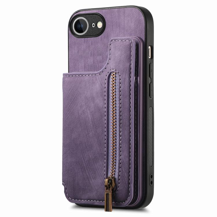 For iPhone 16e Retro Leather Zipper Wallet Back Phone Case(Purple) - iPhone 16e Cases by buy2fix | Online Shopping UK | buy2fix