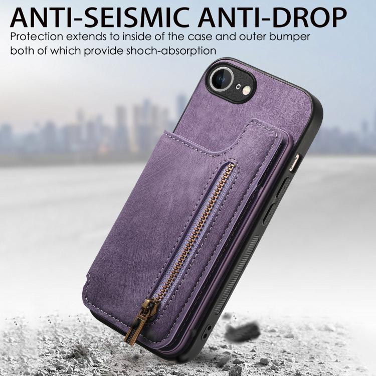 For iPhone 16e Retro Leather Zipper Wallet Back Phone Case(Purple) - iPhone 16e Cases by buy2fix | Online Shopping UK | buy2fix