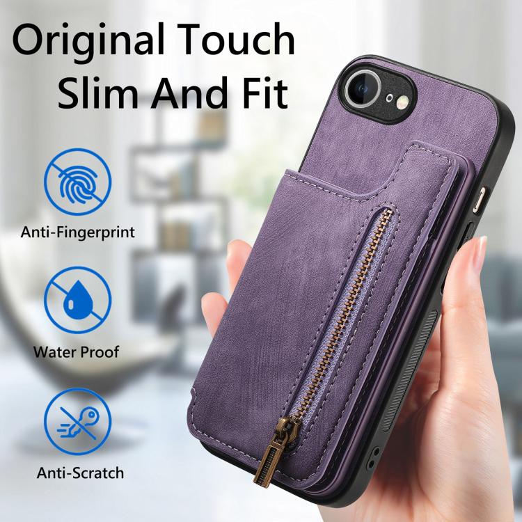 For iPhone 16e Retro Leather Zipper Wallet Back Phone Case(Purple) - iPhone 16e Cases by buy2fix | Online Shopping UK | buy2fix