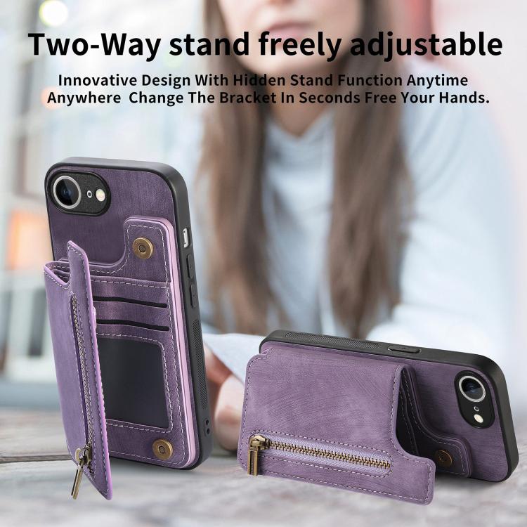 For iPhone 16e Retro Leather Zipper Wallet Back Phone Case(Purple) - iPhone 16e Cases by buy2fix | Online Shopping UK | buy2fix