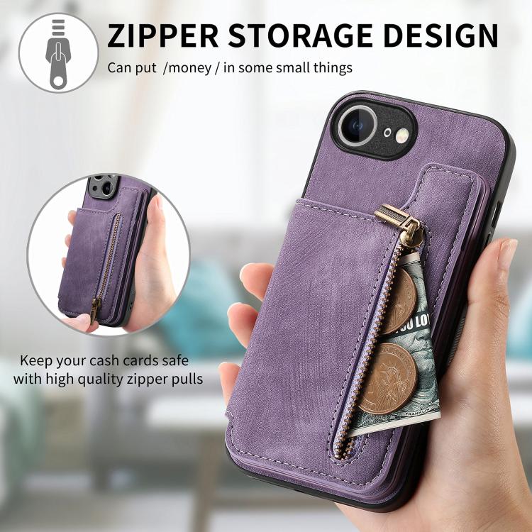 For iPhone 16e Retro Leather Zipper Wallet Back Phone Case(Purple) - iPhone 16e Cases by buy2fix | Online Shopping UK | buy2fix