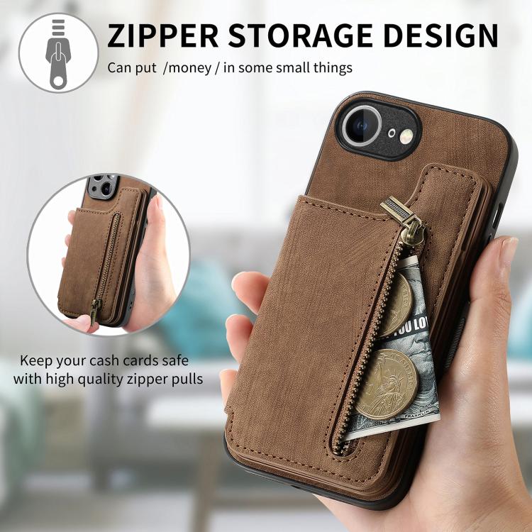 For iPhone 16e Retro Leather Zipper Wallet Back Phone Case(Brown) - iPhone 16e Cases by buy2fix | Online Shopping UK | buy2fix