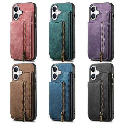 For iPhone 16 Plus Retro Leather Zipper Wallet Back Phone Case(Green) - More iPhone Cases by buy2fix | Online Shopping UK | buy2fix