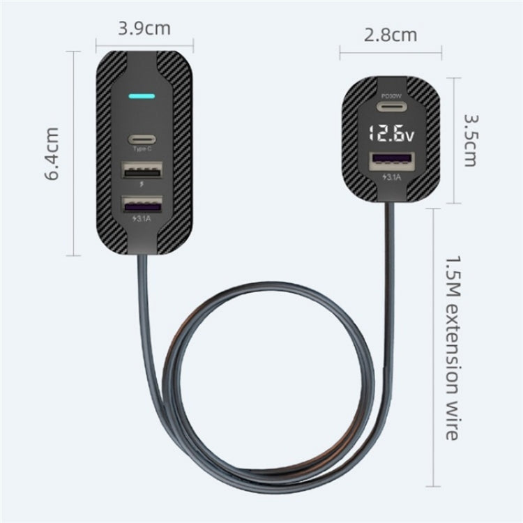 YQ7 Voltage Display PD 30W Fast Charging 2 x Type-C + 3 x USB Car Charger with 1.5m Extension Cable - Car Charger by buy2fix | Online Shopping UK | buy2fix