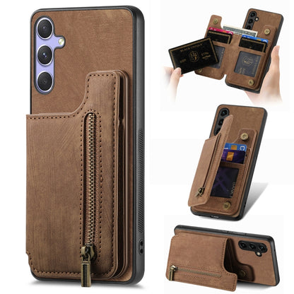 For Samsung Galaxy S25+ 5G Retro Leather Zipper Wallet Back Phone Case(Brown) - Galaxy S25+ 5G Cases by buy2fix | Online Shopping UK | buy2fix