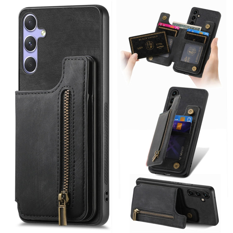 For Samsung Galaxy S25+ 5G Retro Leather Zipper Wallet Back Phone Case(Black) by buy2fix
