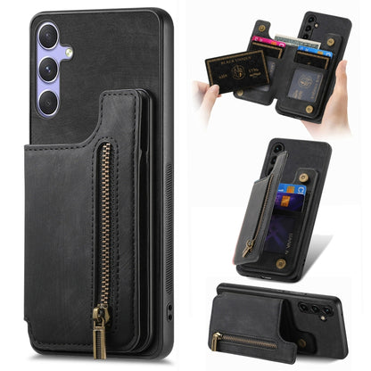 For Samsung Galaxy S25+ 5G Retro Leather Zipper Wallet Back Phone Case(Black) by buy2fix