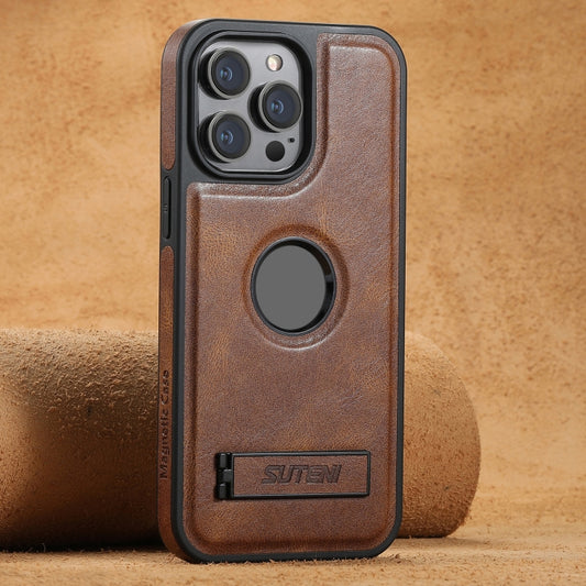 For iPhone 15 Pro Max Suteni G2 Magsafe Oil Wax Leather Back Phone Case with Holder(Brown) - iPhone 15 Pro Max Cases by Suteni | Online Shopping UK | buy2fix