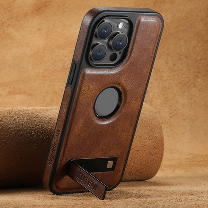 For iPhone 15 Pro Max Suteni G2 Magsafe Oil Wax Leather Back Phone Case with Holder(Brown) - iPhone 15 Pro Max Cases by Suteni | Online Shopping UK | buy2fix