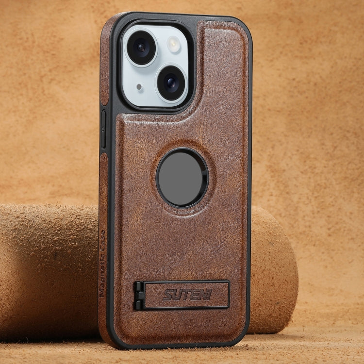 For iPhone 15 Suteni G2 Magsafe Oil Wax Leather Back Phone Case with Holder(Brown) - iPhone 15 Cases by Suteni | Online Shopping UK | buy2fix