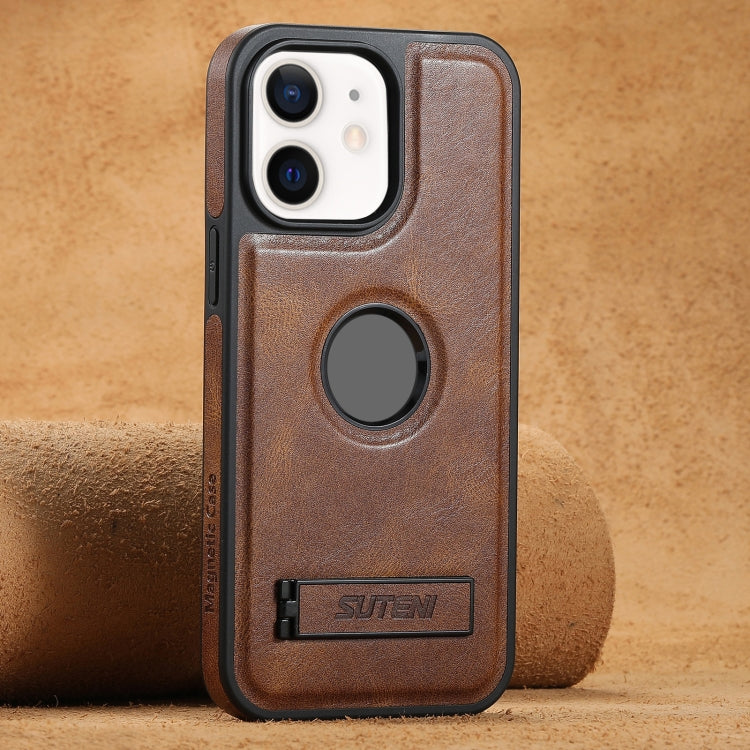 For iPhone 12 Suteni G2 Magsafe Oil Wax Leather Back Phone Case with Holder(Brown) - iPhone 12 / 12 Pro Cases by Suteni | Online Shopping UK | buy2fix