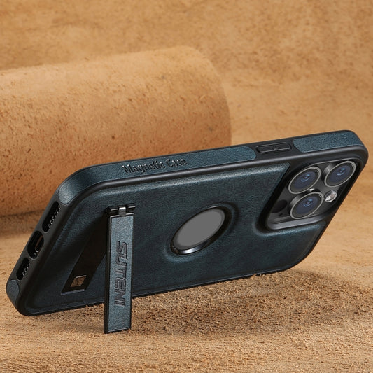 For iPhone 12 Pro Max Suteni G2 Magsafe Oil Wax Leather Back Phone Case with Holder(Blue) by Suteni