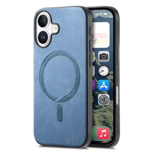 For iPhone 16 Solid Color Retro Magsafe PU Back Cover Phone Case(Blue)