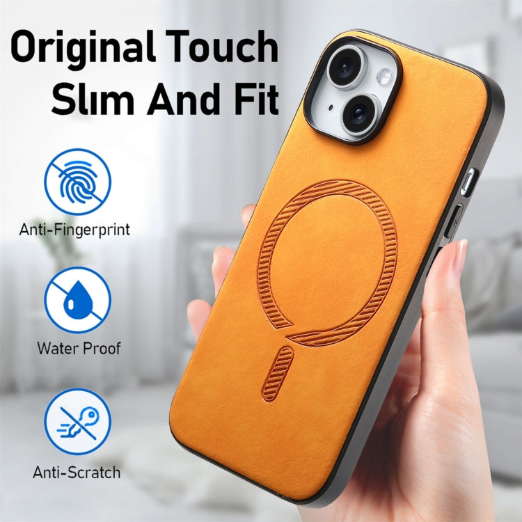 For iPhone 16 Plus Solid Color Retro Magsafe PU Back Cover Phone Case(Yellow) - iPhone 16 Plus Cases by buy2fix | Online Shopping UK | buy2fix