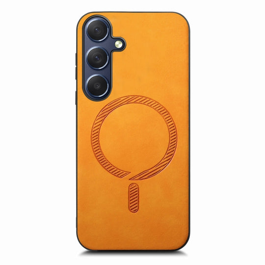 For Samsung Galaxy S24 5G Solid Color Retro Magsafe PU Back Cover Phone Case(Yellow)