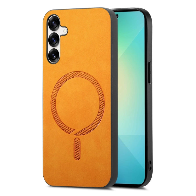 For Samsung Galaxy S25 5G Solid Color Retro Magsafe PU Back Cover Phone Case(Yellow) by buy2fix