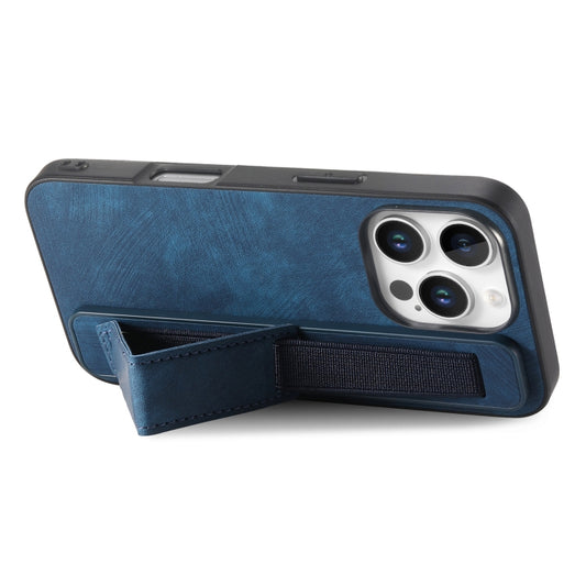 For iPhone 16 Pro Retro Wristband Holder Leather Back Phone Case(Blue) by buy2fix