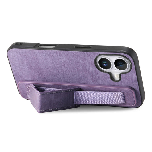 For iPhone 16 Retro Wristband Holder Leather Back Phone Case(Purple) by buy2fix