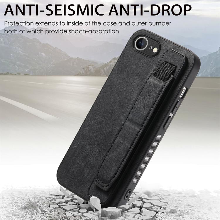 For iPhone 16e Retro Wristband Holder Leather Back Phone Case(Black) - iPhone 16e Cases by buy2fix | Online Shopping UK | buy2fix