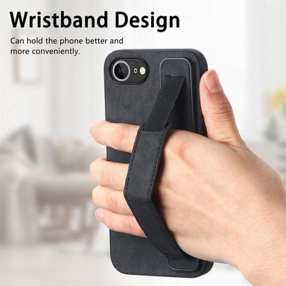 For iPhone 16e Retro Wristband Holder Leather Back Phone Case(Black) - iPhone 16e Cases by buy2fix | Online Shopping UK | buy2fix