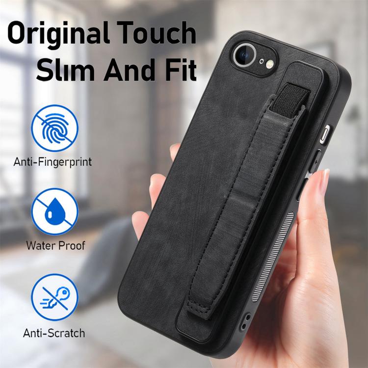 For iPhone 16e Retro Wristband Holder Leather Back Phone Case(Black) - iPhone 16e Cases by buy2fix | Online Shopping UK | buy2fix