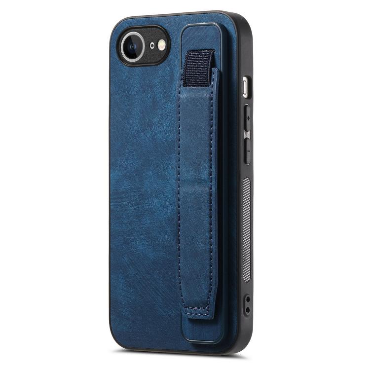 For iPhone 16e Retro Wristband Holder Leather Back Phone Case(Blue) - iPhone 16e Cases by buy2fix | Online Shopping UK | buy2fix