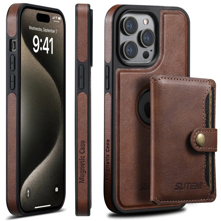 For iPhone 15 Pro Max Suteni M1 Oil Wax MagSafe Detachable Horizontal Card Bag Phone Case(Brown) - iPhone 15 Pro Max Cases by Suteni | Online Shopping UK | buy2fix